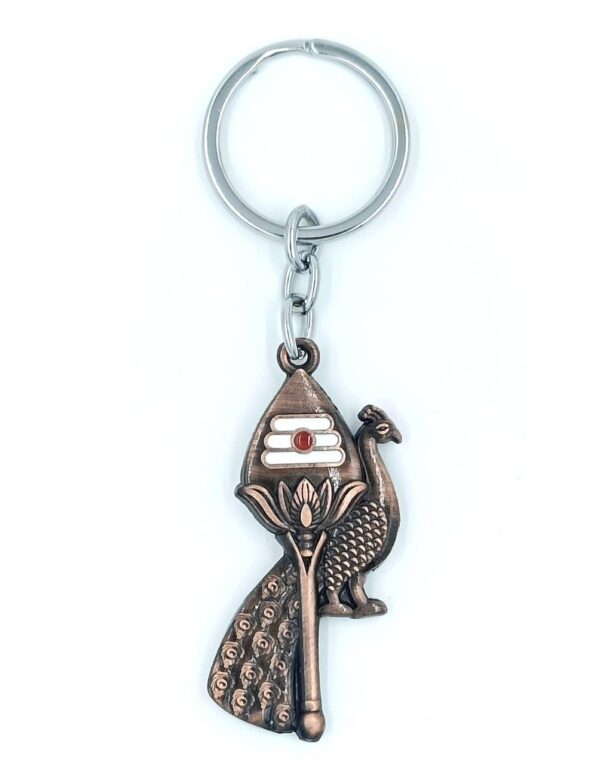 Antique Copper Murugan Vel, Peacock, and Shiva Lingam Devotional Keychain - Image 4